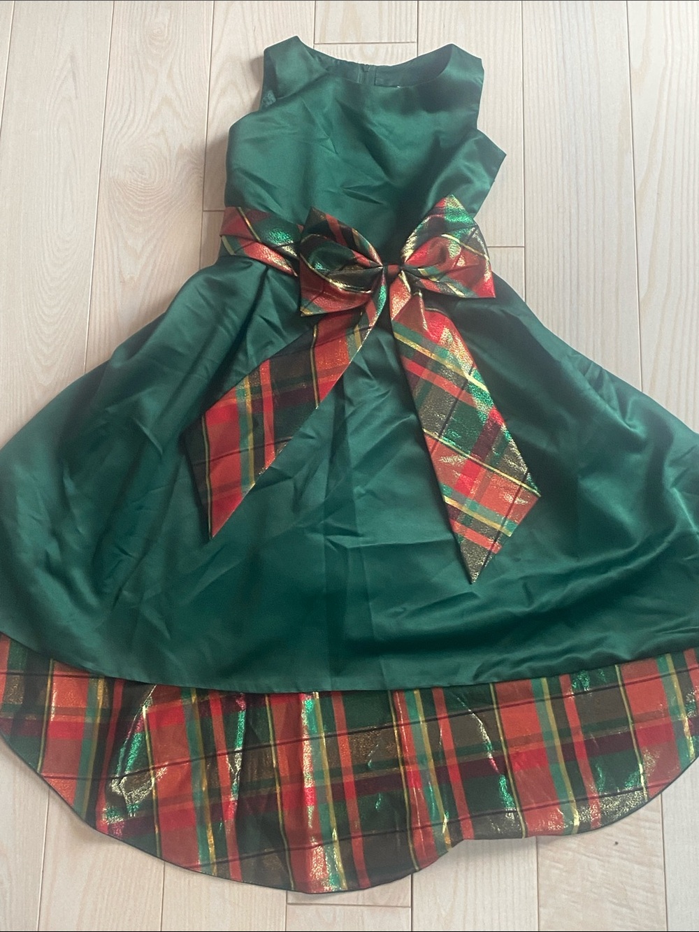 Rare Editions Green Taffeta Holiday Dress with Plaid Bow